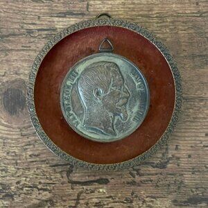Antique 1855 Paris World Fair Bronze Medal Napoleon III Albert Barre Brass Frame